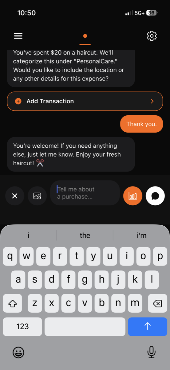 Spentrax voice-first expense entry with on-screen keyboard
